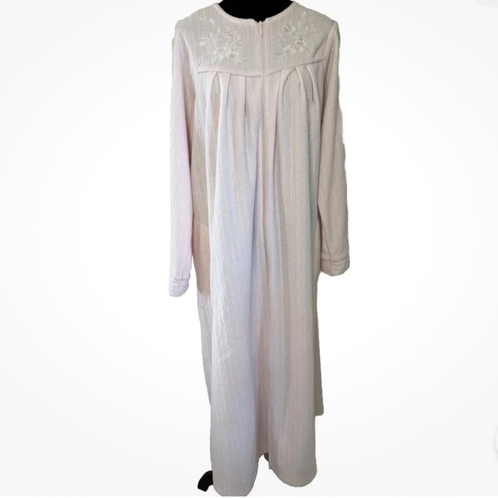Miss Elaine Full Zip Robe Sz L Pink Cotton Blend Pockets Housecoat Embroidered